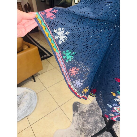 Judith March Boho Hippie Embroidered V-Neck Dress S Navy Bat Wing Sleeves Mini - Picture 10 of 10